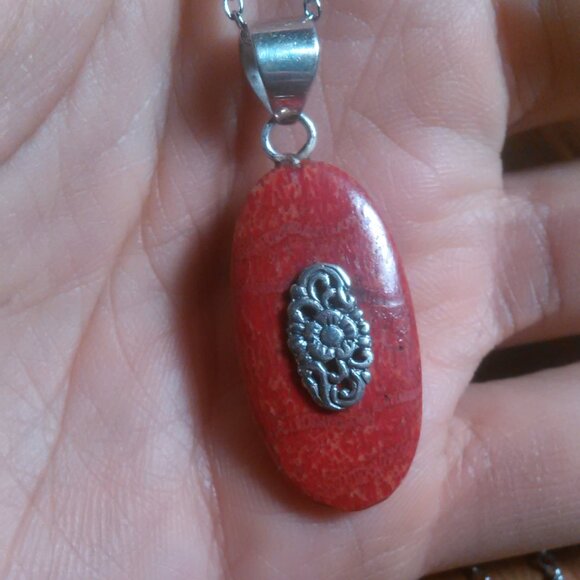 Red Sponge Coral Sterling Silver Pendant Stainless Steel Necklace - Picture 6 of 10
